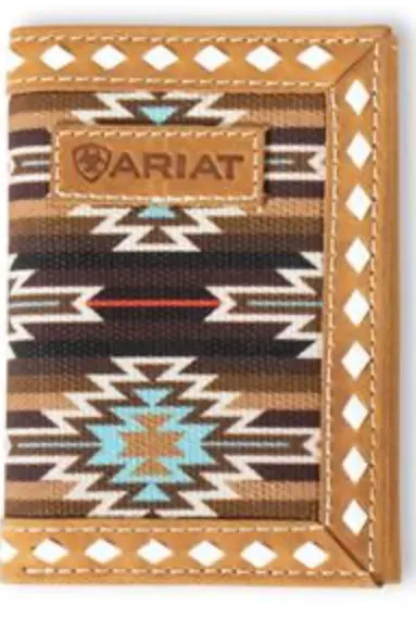 Ariat Western Men Wallet Trifold Leather Fabric Logo Patch Laced Brown