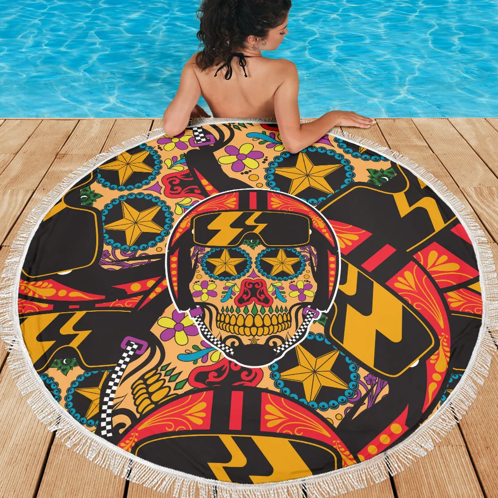 Biker Sugar Skull Beach Blanket Towel