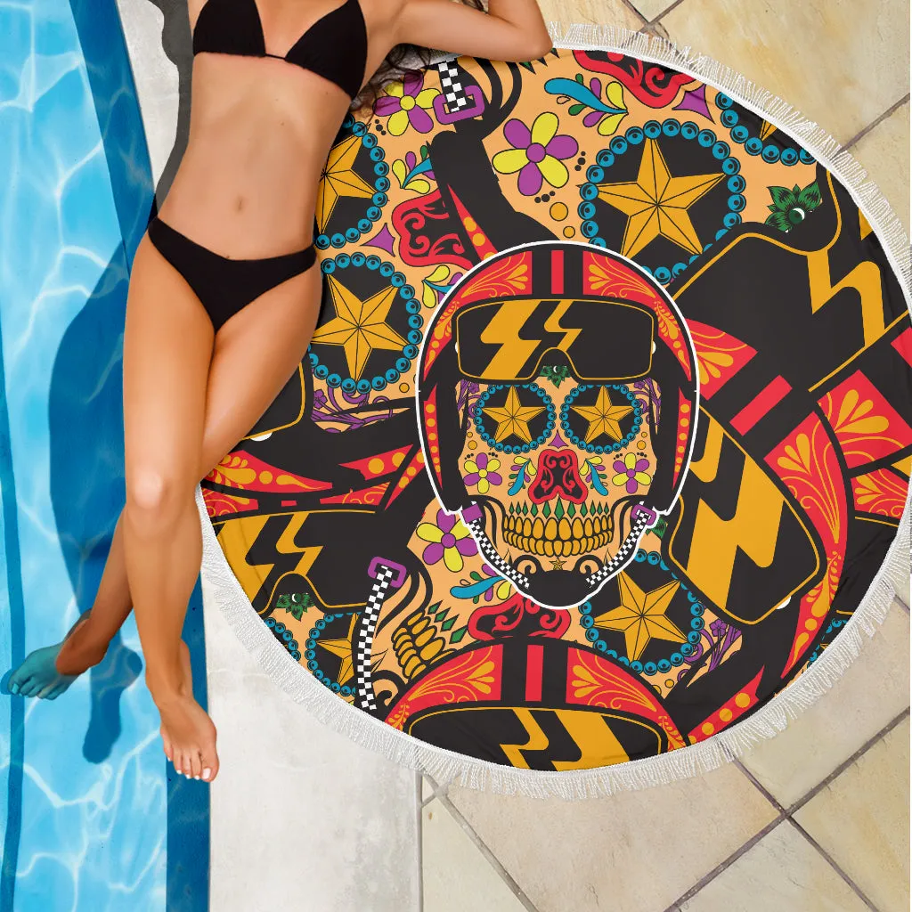 Biker Sugar Skull Beach Blanket Towel