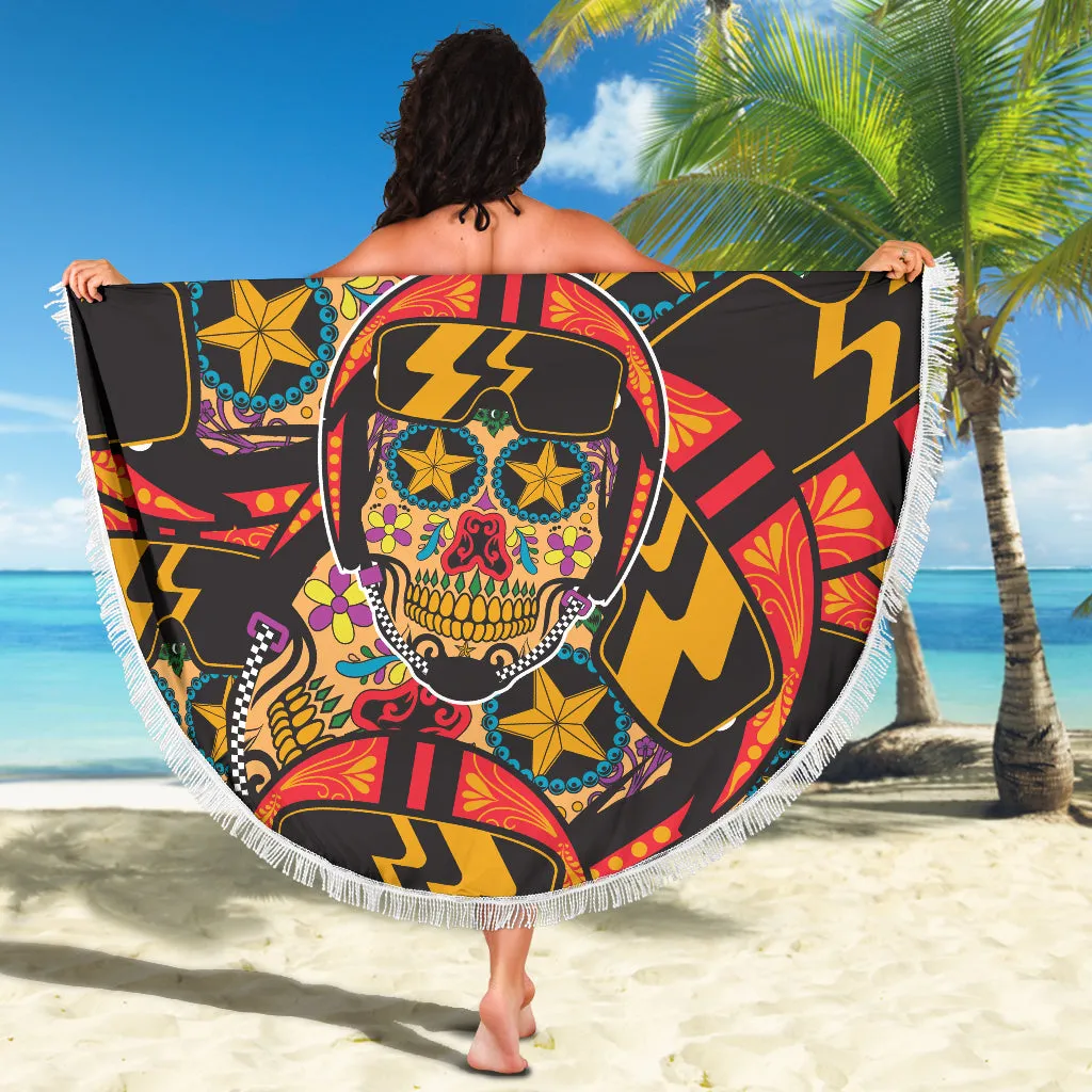 Biker Sugar Skull Beach Blanket Towel