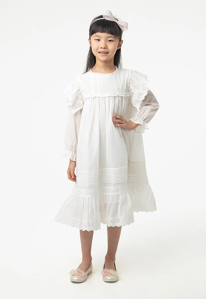 Flared Ruffle Hem Schiffli Lace Embroidered Dress