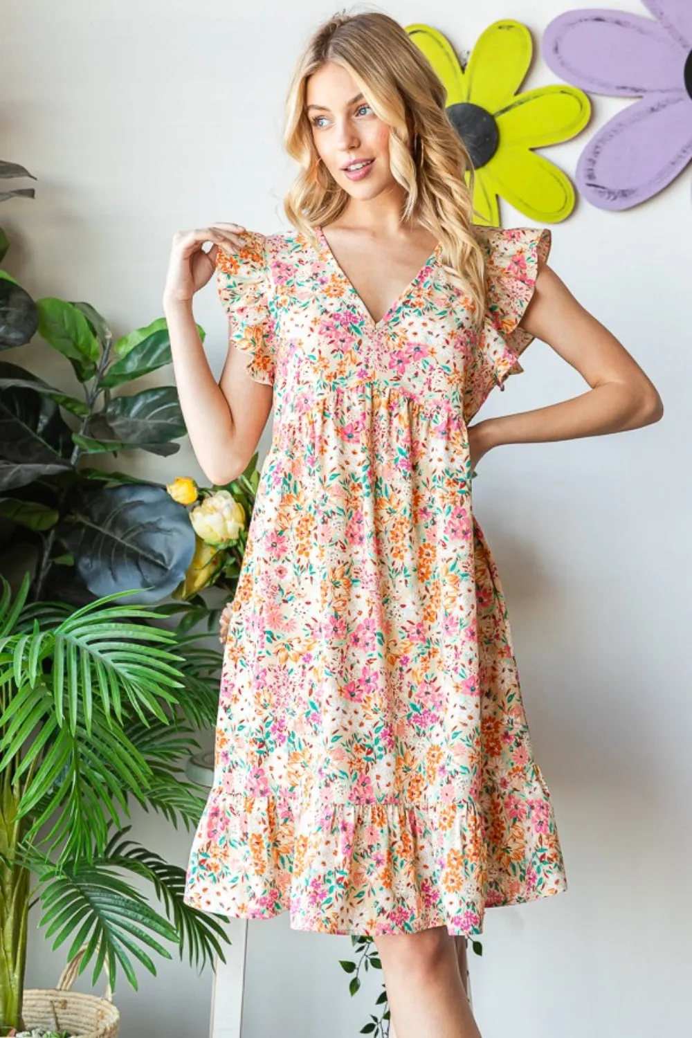 Floral Ruffled V-Neck Dress