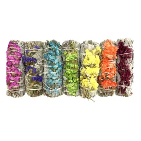 Gift Pack - 7 White Sage with Sinuata Flower Smudge Sticks 3-4 (Chakra Colors)