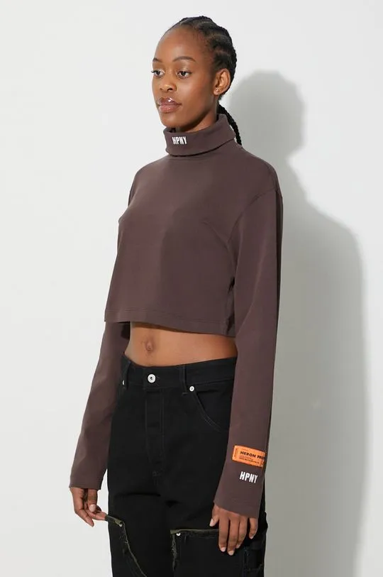 Heron Preston cotton longsleeve top Hpny Crop Ls Rollneck brown color HWAB026F23JER0016001