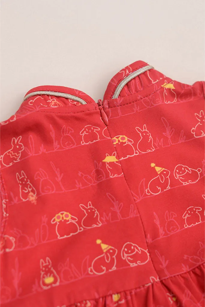 Jersey Flare Cheongsam - Red Bunnies In A Row