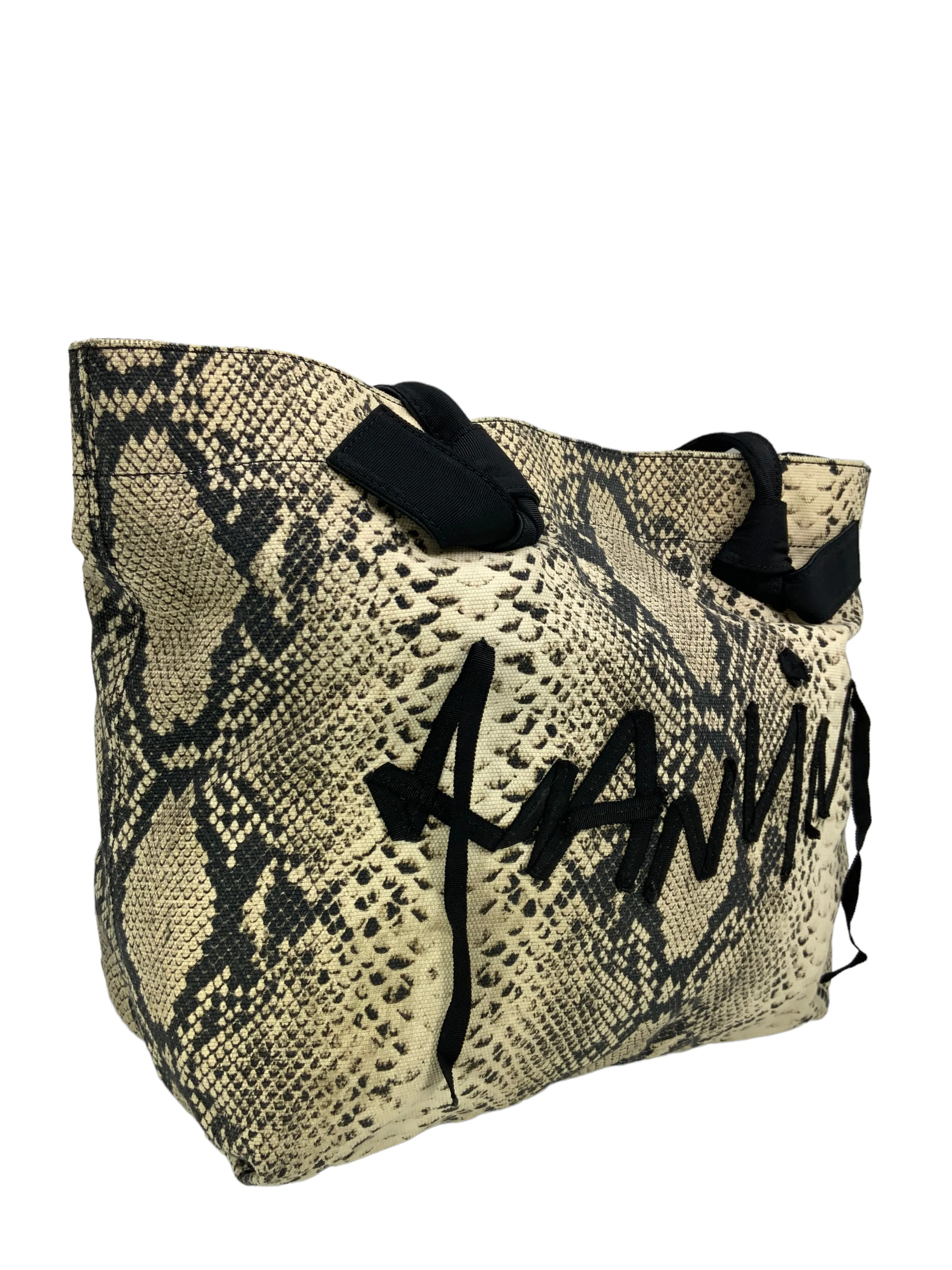 LANVIN Python Snakeskin Printed Canvas Ribbon Logo Tote