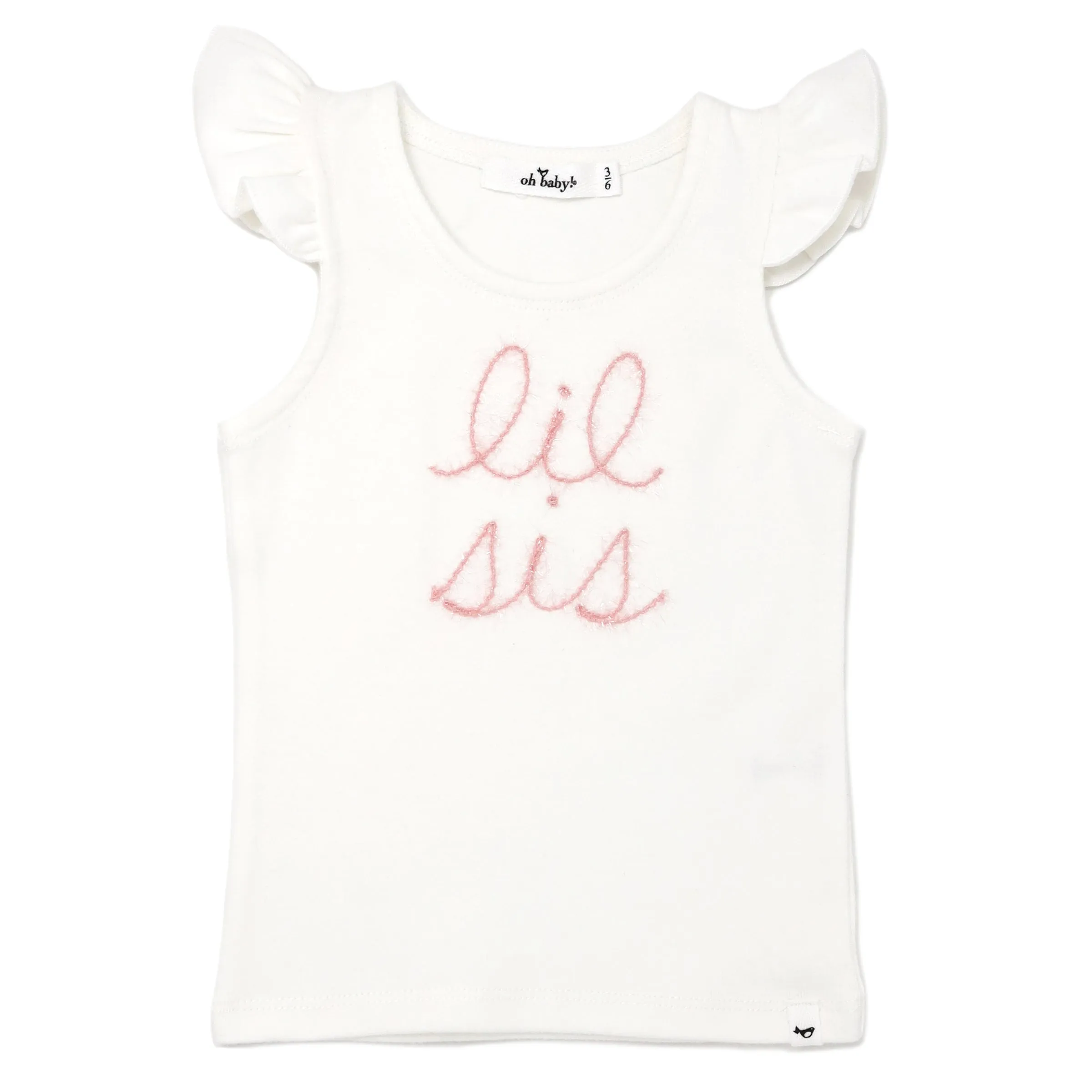 oh baby! Cotton Baby Rib Flutter Sleeve Tank - lil sis Pink Embroidered - Cream