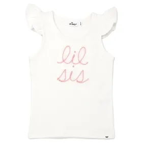 oh baby! Cotton Baby Rib Flutter Sleeve Tank - lil sis Pink Embroidered - Cream