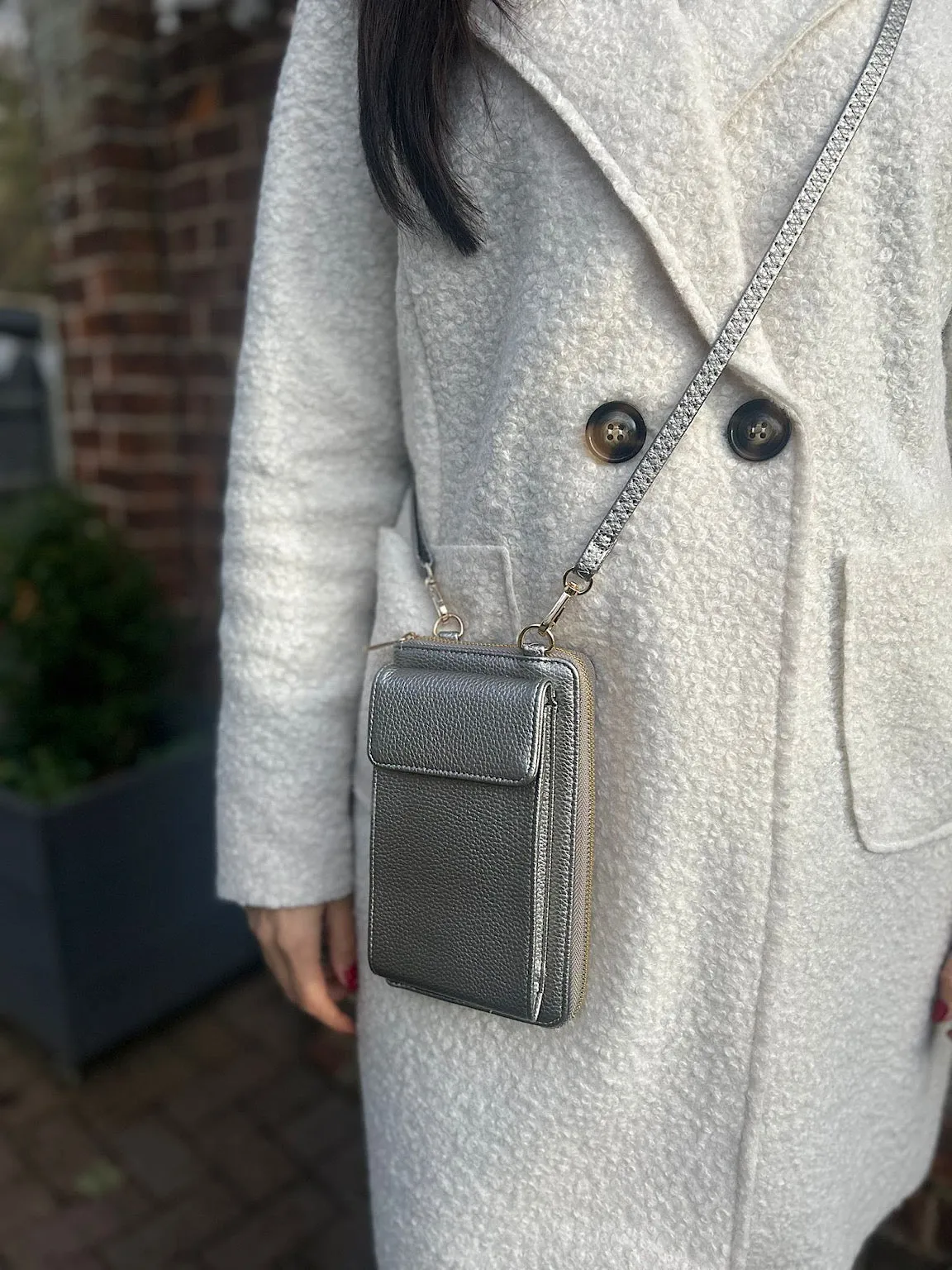 Pewter Metallic Crossbody Phone Purse