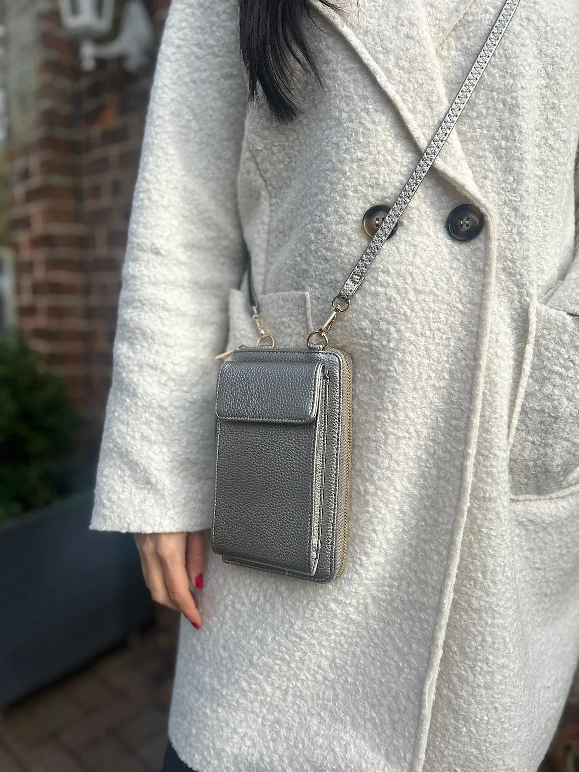 Pewter Metallic Crossbody Phone Purse