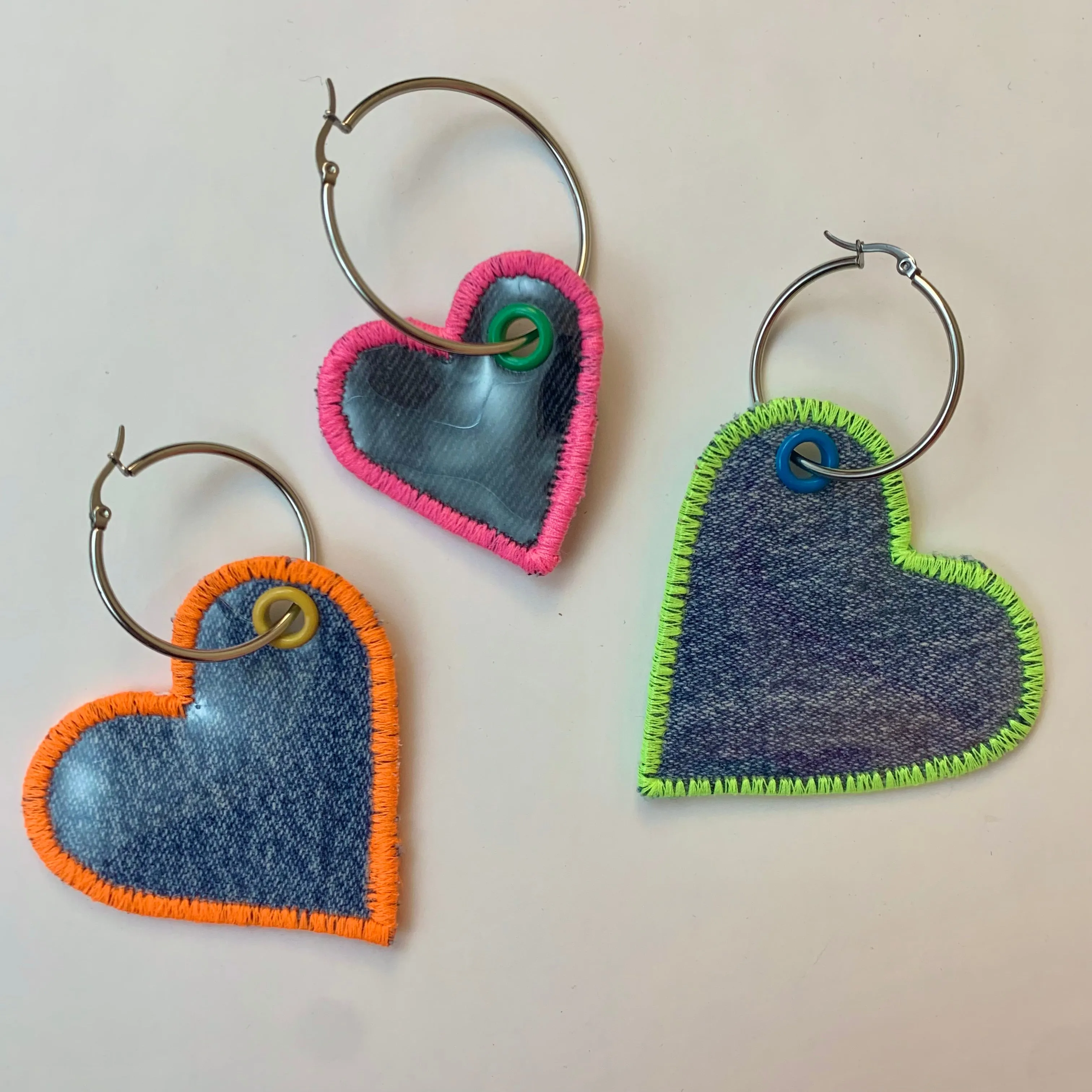 Recycled vinyl + denim heart earring