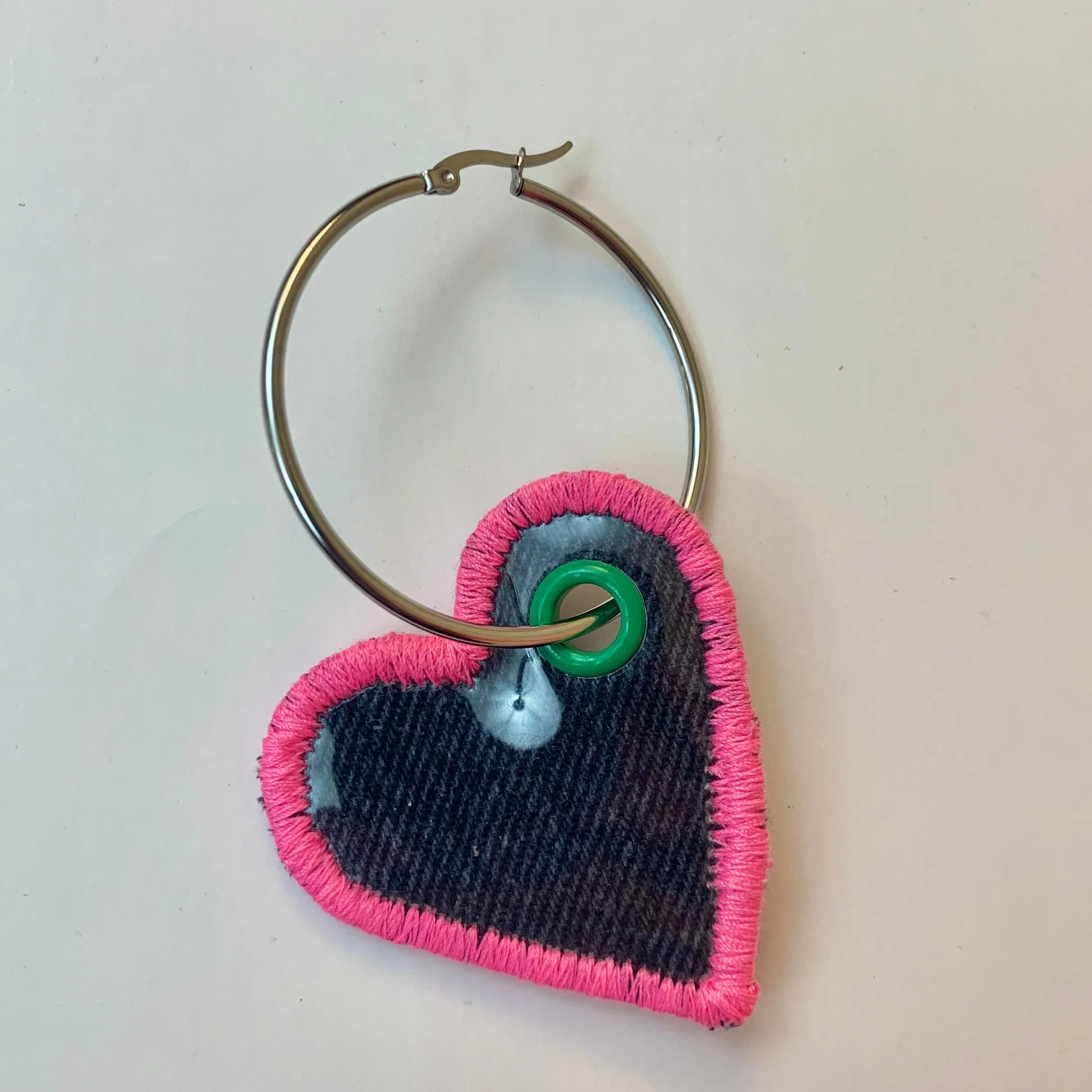 Recycled vinyl + denim heart earring