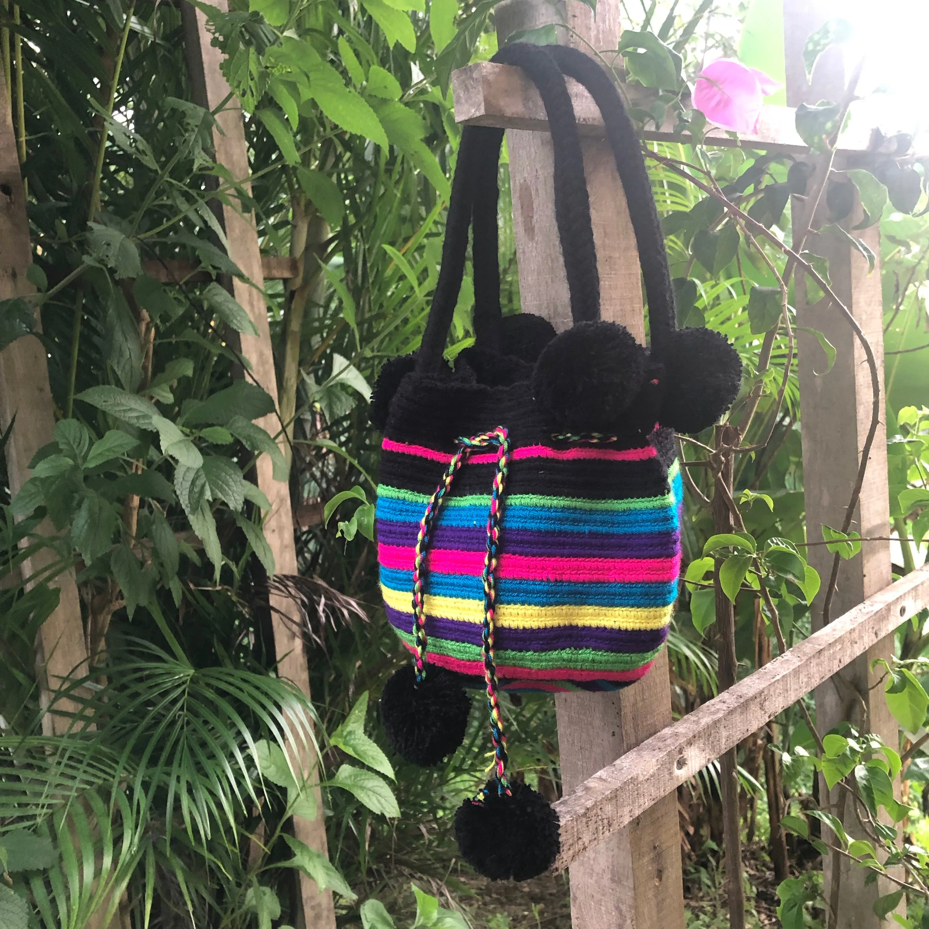 Small Black and Neon Pom Pom Mochila