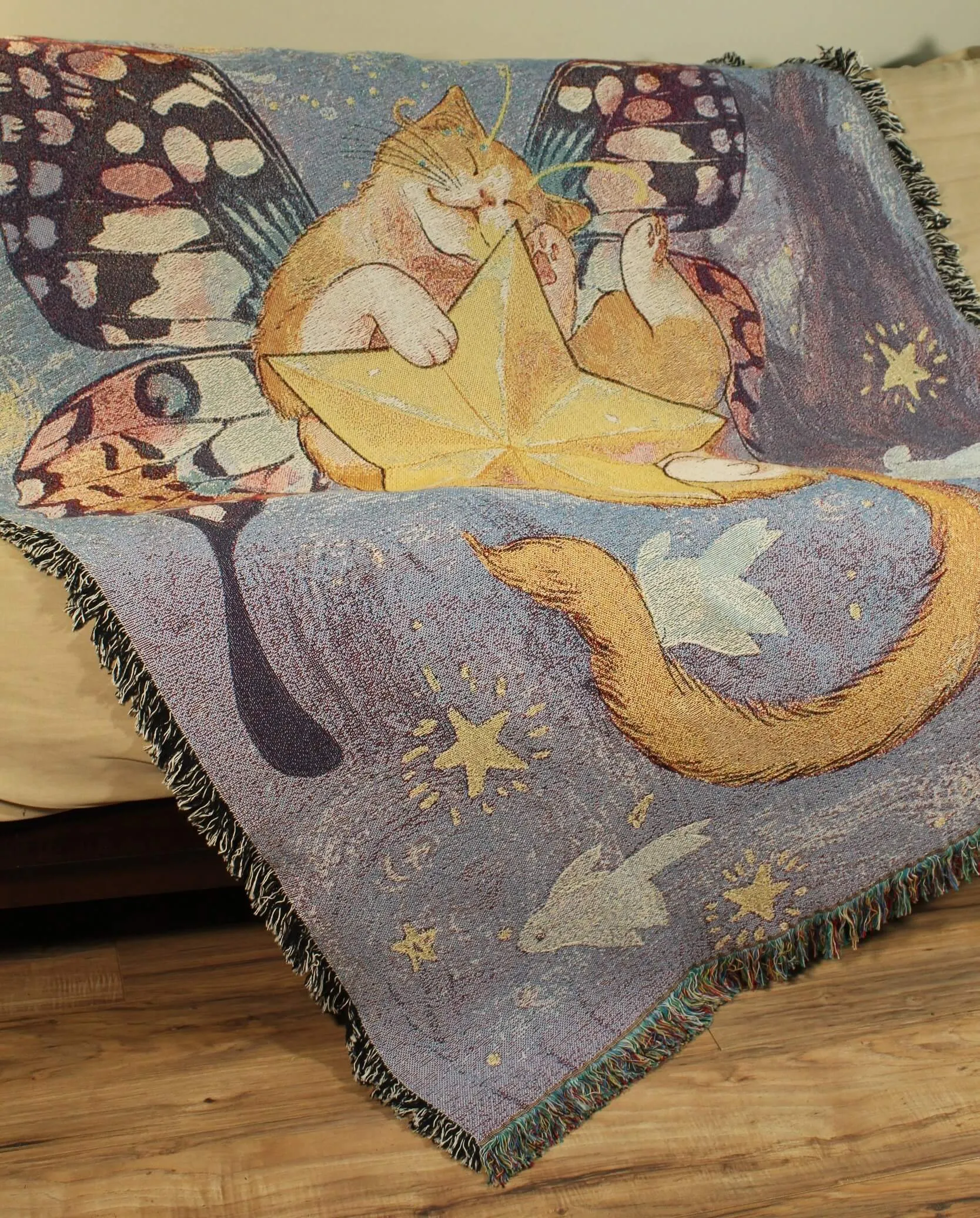 Starry Butterfly Cat Tapestry Blanket