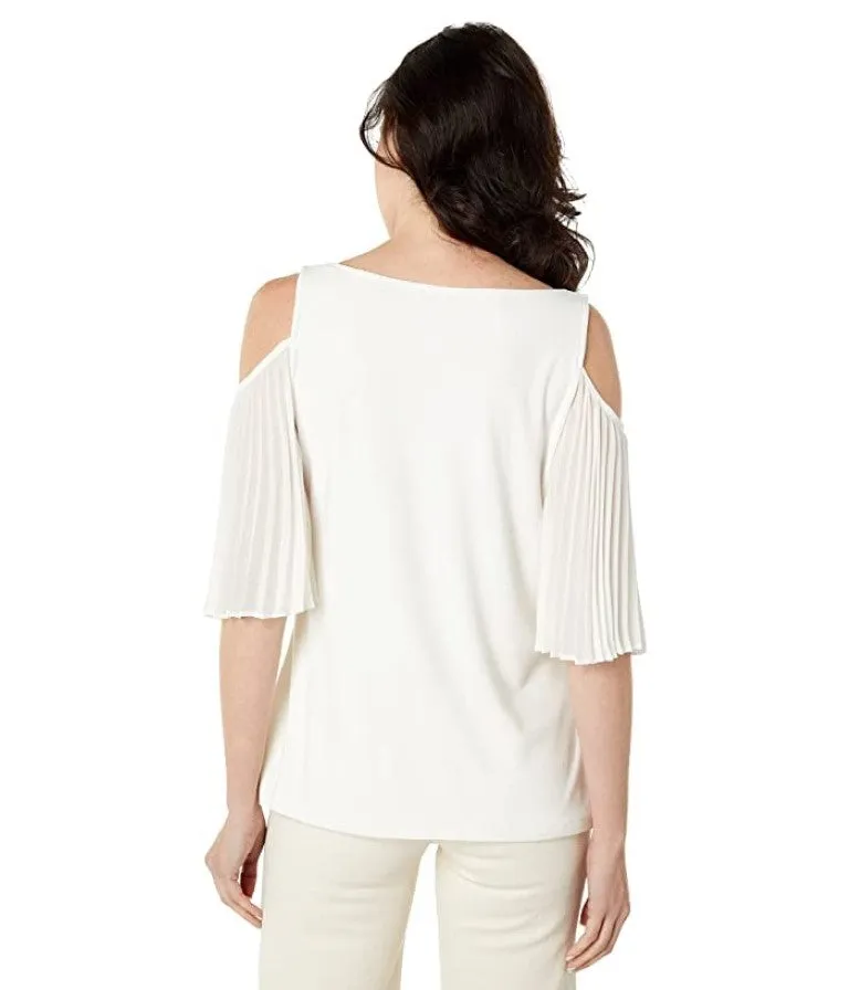 Vince Camuto Women's Cold Shoulder Pleated Sleeve Top White