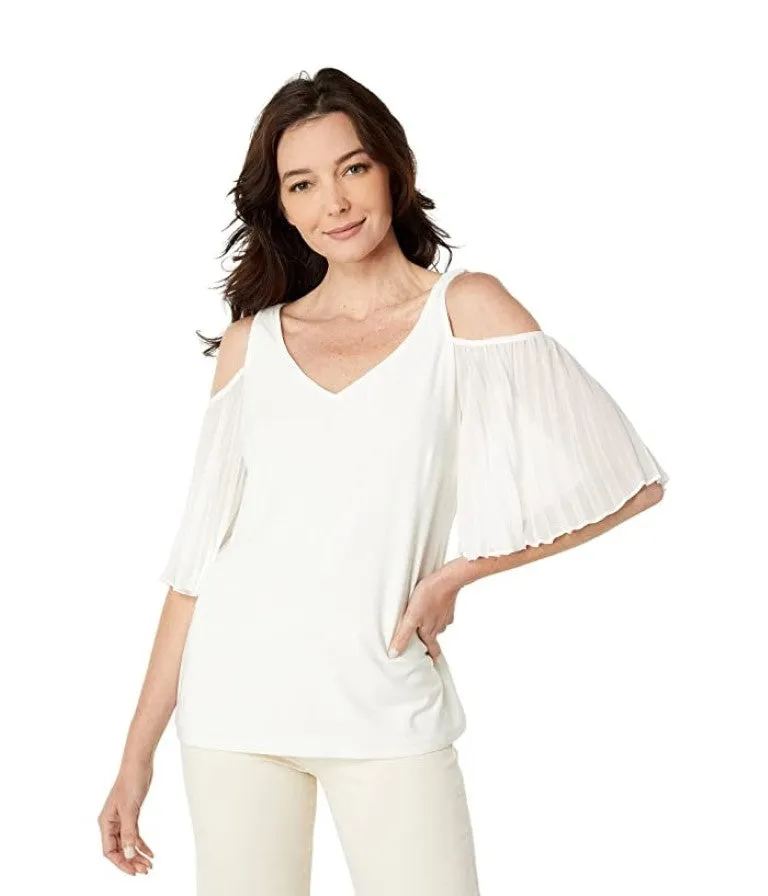 Vince Camuto Women's Cold Shoulder Pleated Sleeve Top White