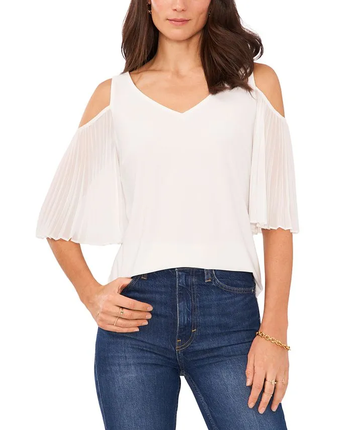 Vince Camuto Women's Cold Shoulder Pleated Sleeve Top White