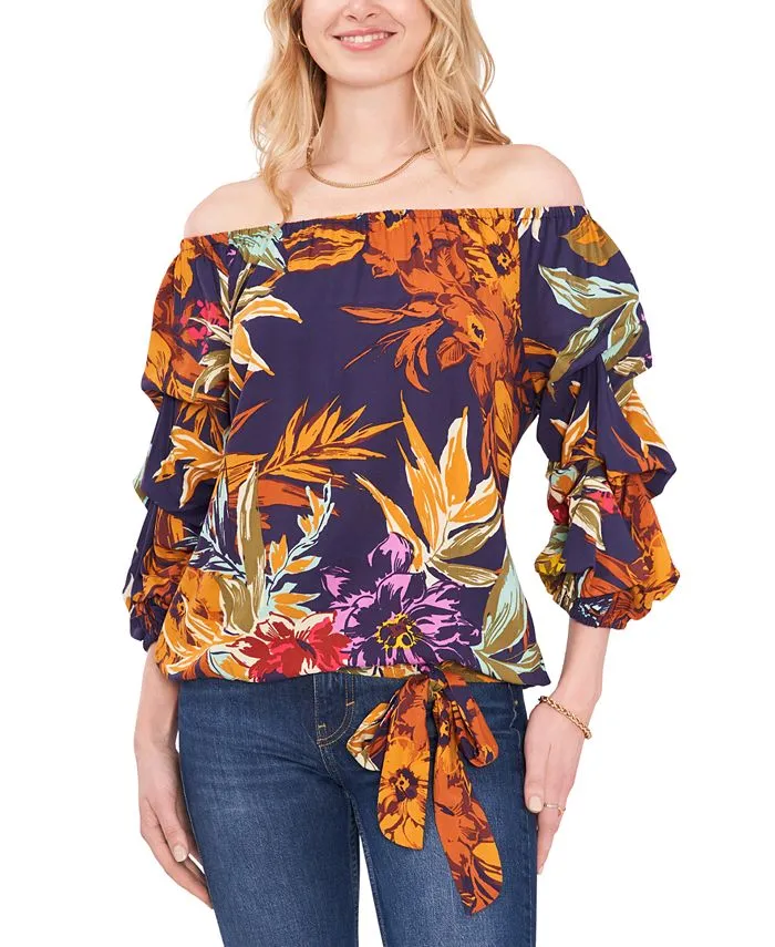 Vince Camuto Women's Floral Print Bubble Sleeve Top Blue Size X-Large