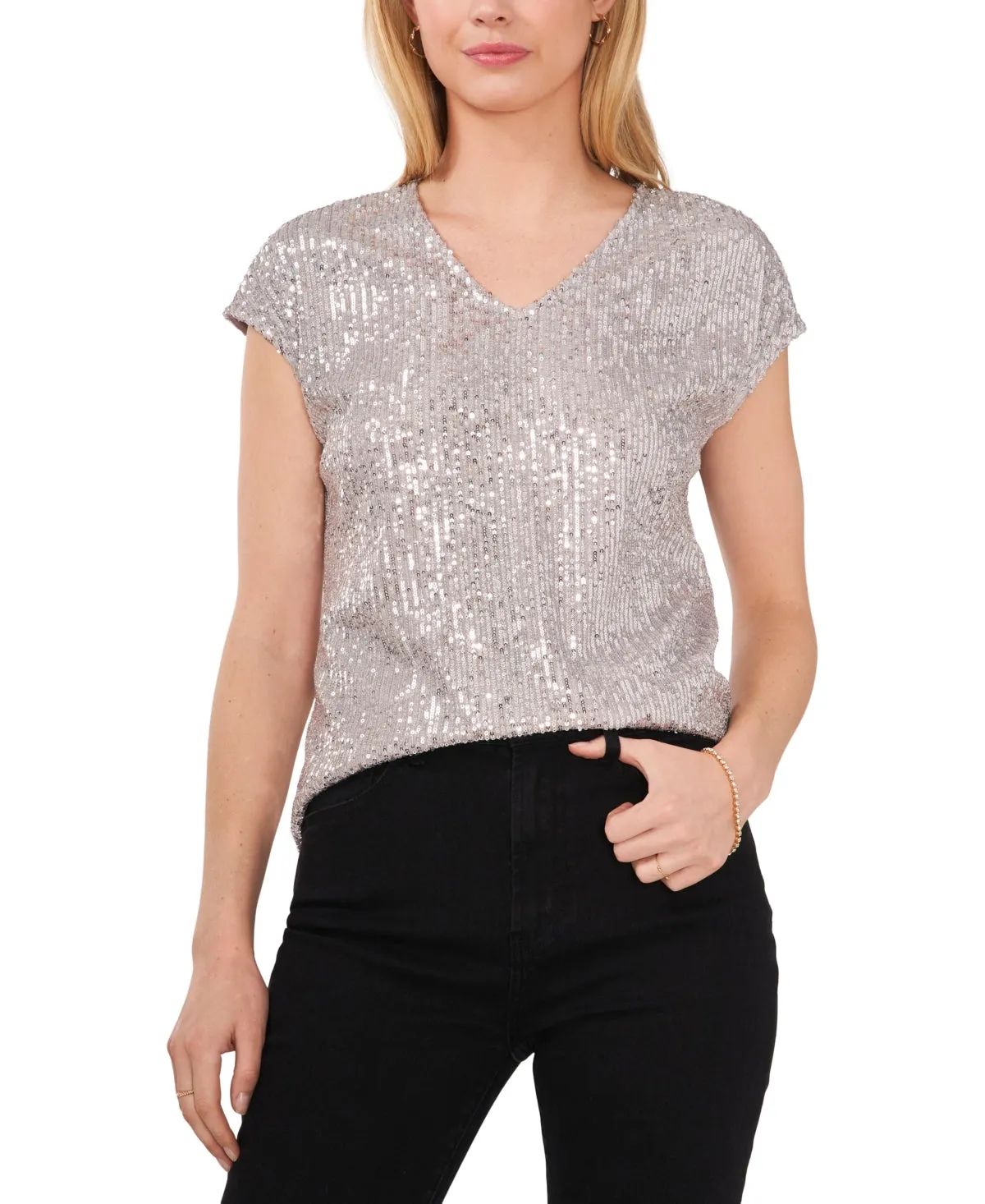 Vince Camuto Women's Sequined Dolman Sleeve V Neck Blouse Gray Size Large