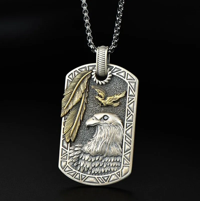 Vintage Stainless Steel Eagle Dog Tag Pendant Necklace