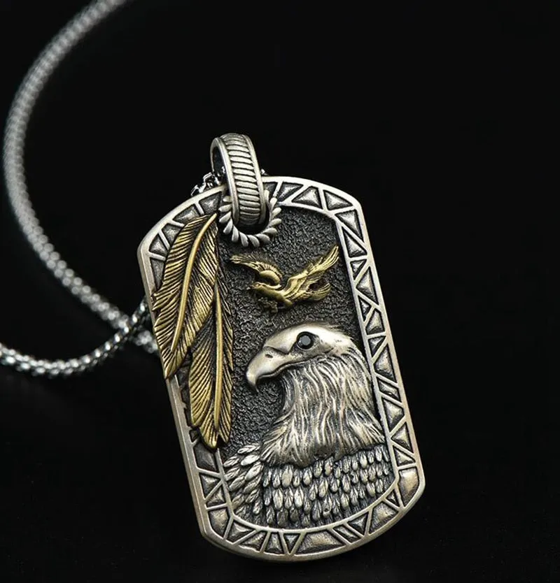 Vintage Stainless Steel Eagle Dog Tag Pendant Necklace