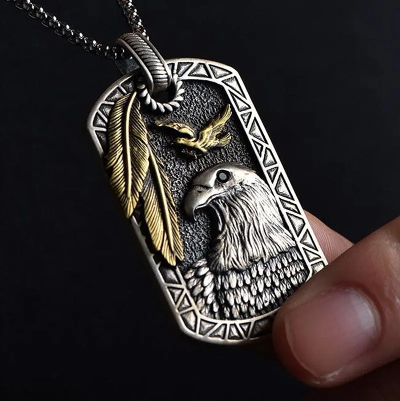 Vintage Stainless Steel Eagle Dog Tag Pendant Necklace