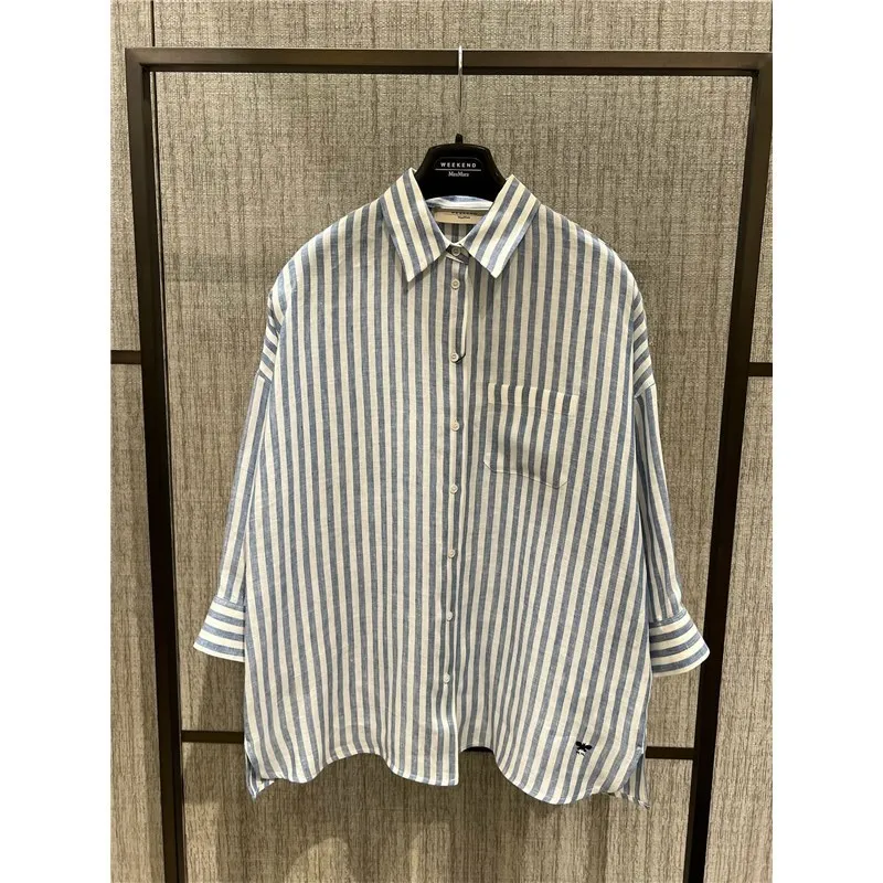 Weekend Max Mara  |Stripes Linen Cropped Elegant Style Shirts & Blouses