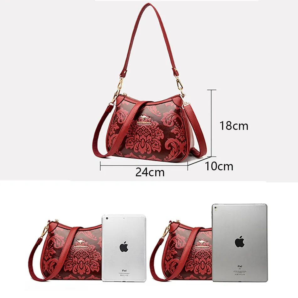 Women's Cow Leather Floral Printed Shoulder Crossbody Messenger Handbag