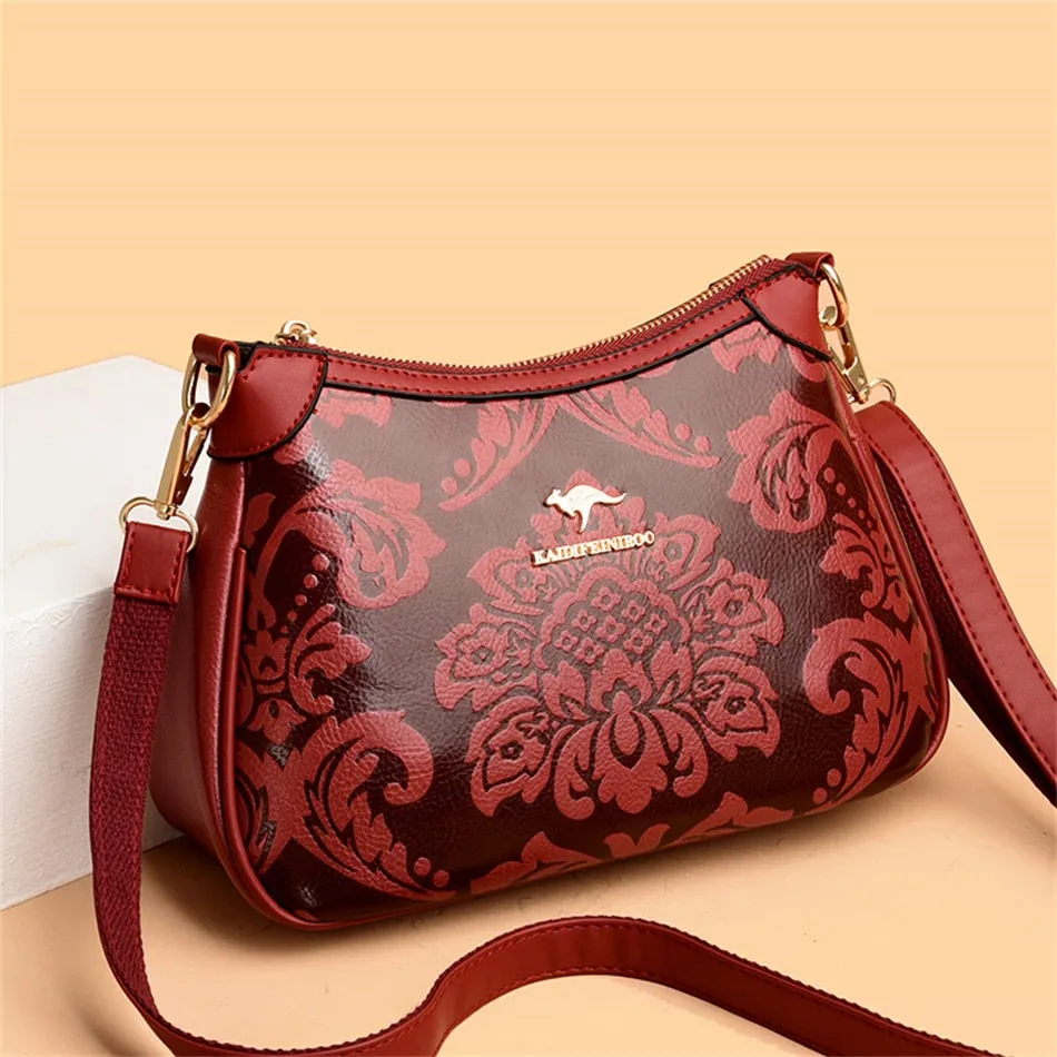 Women's Cow Leather Floral Printed Shoulder Crossbody Messenger Handbag