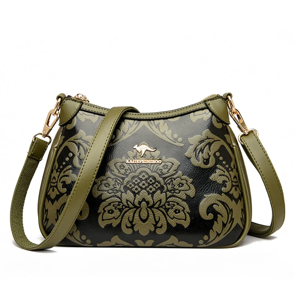 Women's Cow Leather Floral Printed Shoulder Crossbody Messenger Handbag