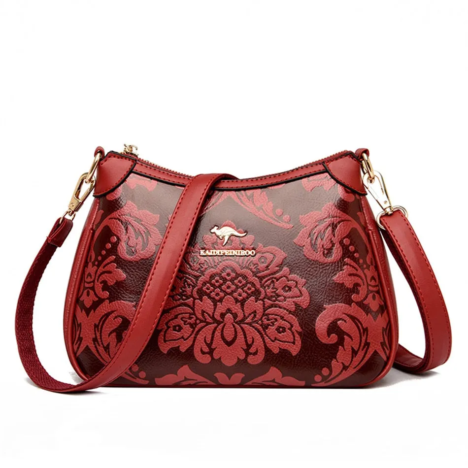 Women's Cow Leather Floral Printed Shoulder Crossbody Messenger Handbag