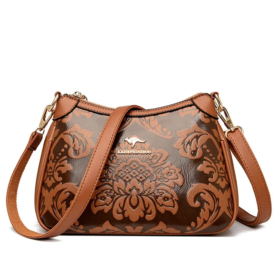 Women's Cow Leather Floral Printed Shoulder Crossbody Messenger Handbag