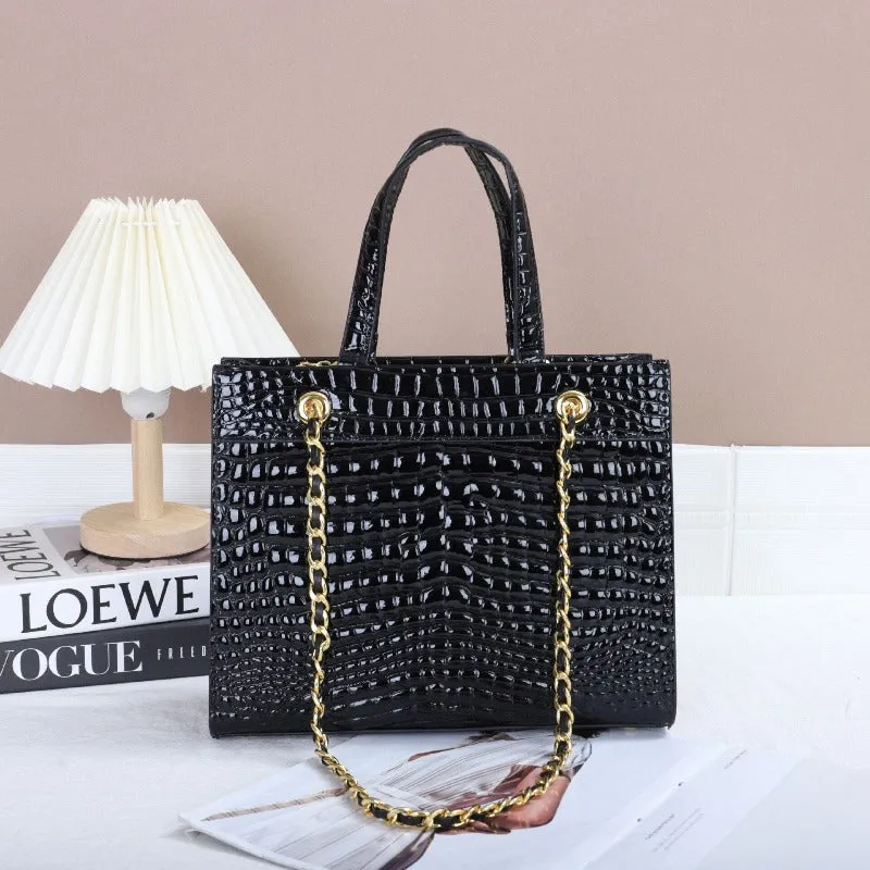 Women's Genuine Leather Alligator Pattern Portable Chain Tote Handbag