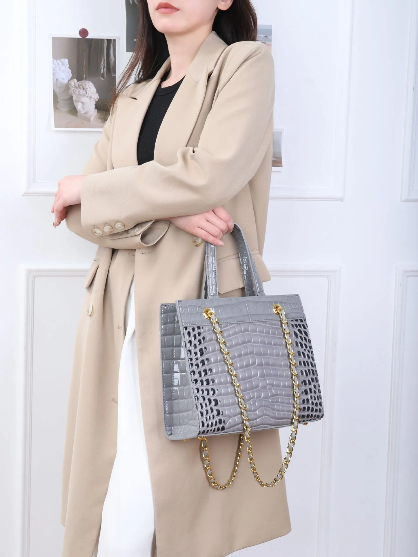 Women's Genuine Leather Alligator Pattern Portable Chain Tote Handbag