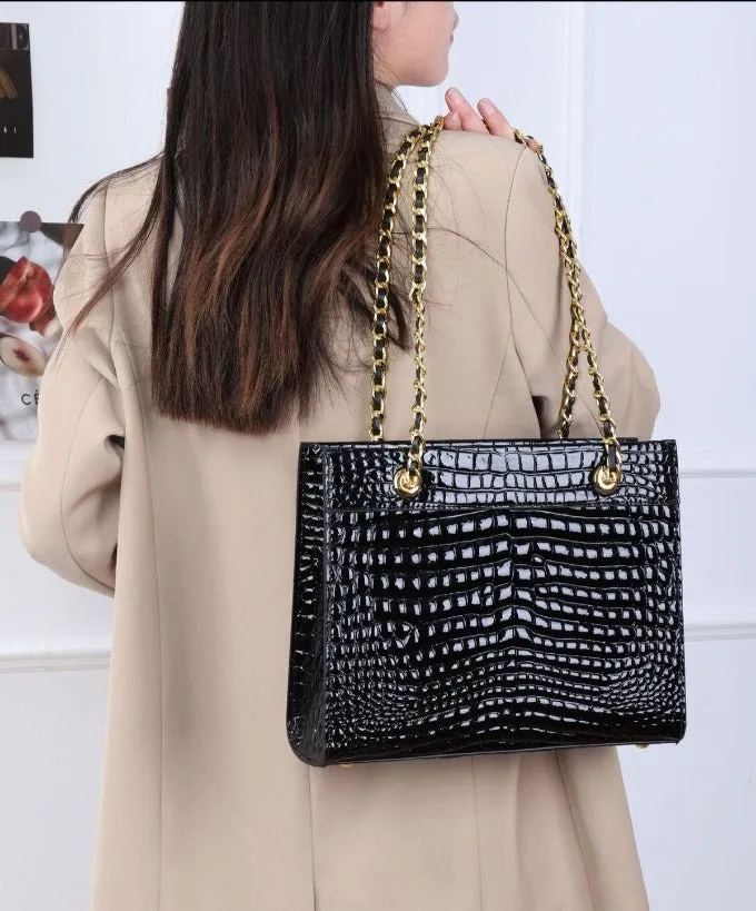 Women's Genuine Leather Alligator Pattern Portable Chain Tote Handbag