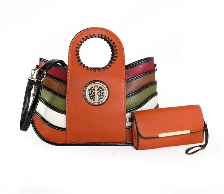 Women's Genuine Leather Colorful Patchwork Portable Handbag with Wallet