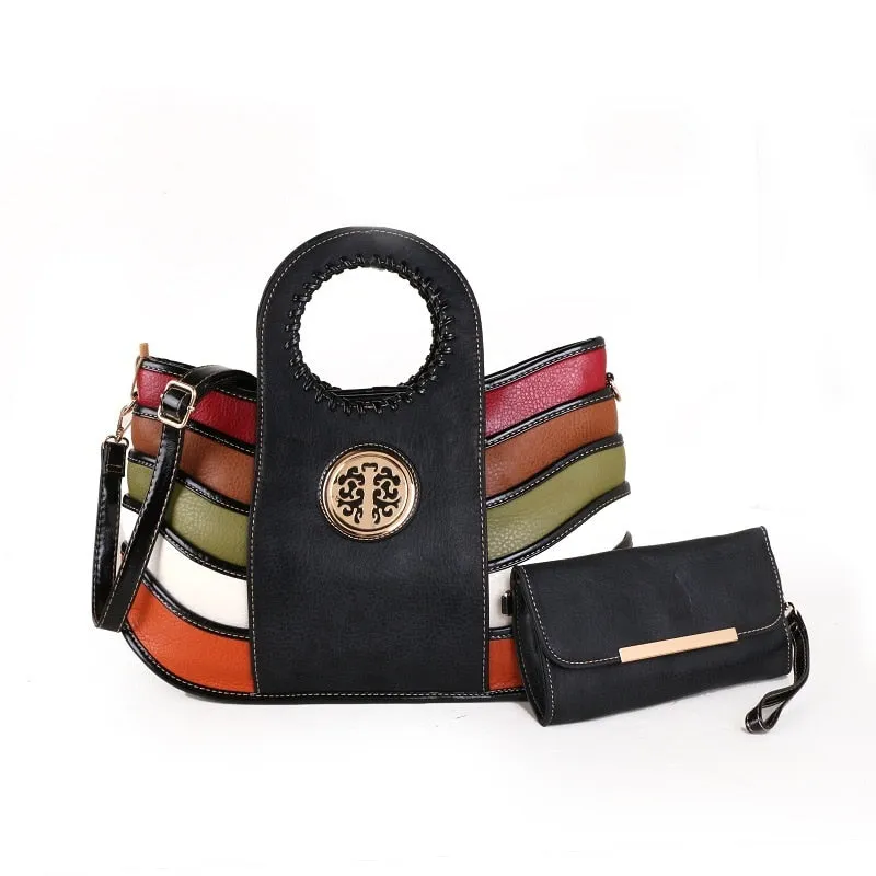 Women's Genuine Leather Colorful Patchwork Portable Handbag with Wallet