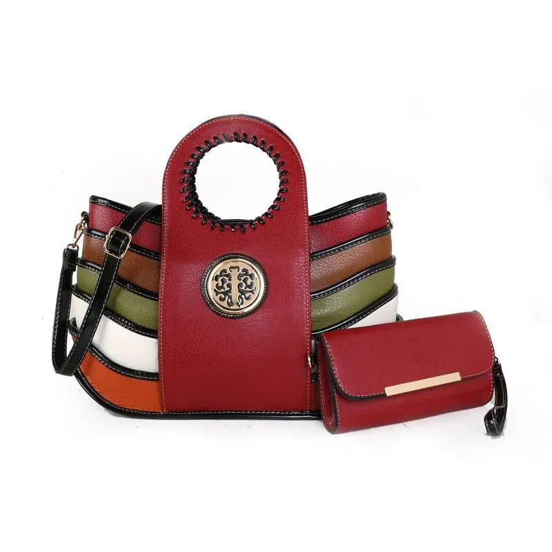 Women's Genuine Leather Colorful Patchwork Portable Handbag with Wallet