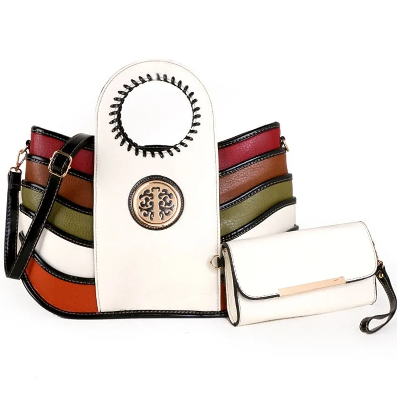 Women's Genuine Leather Colorful Patchwork Portable Handbag with Wallet