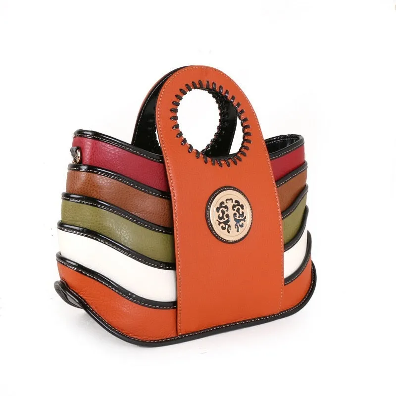 Women's Genuine Leather Colorful Patchwork Portable Handbag with Wallet