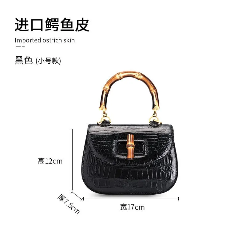 Women's Genuine Leather Crocodile Pattern Semi-glossy Bamboo Handbag