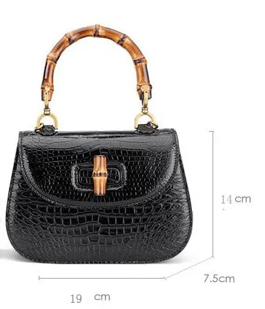 Women's Genuine Leather Crocodile Pattern Semi-glossy Bamboo Handbag