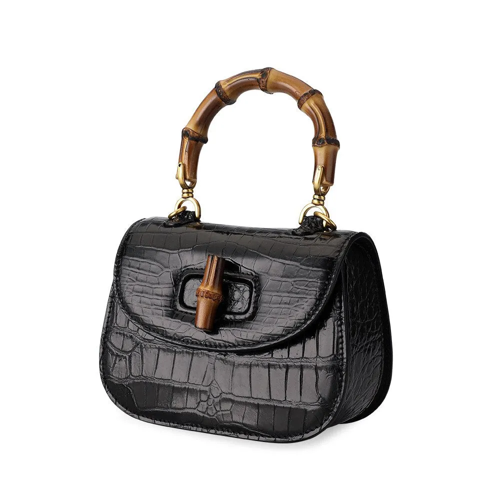 Women's Genuine Leather Crocodile Pattern Semi-glossy Bamboo Handbag