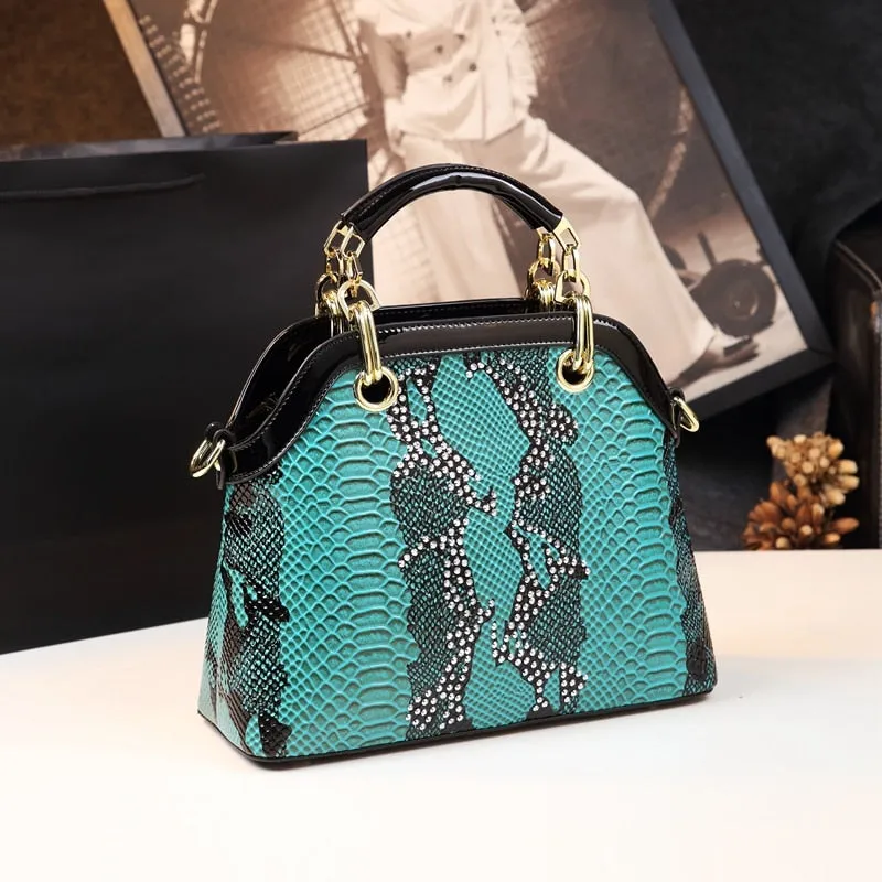 Women's Genuine Leather Diamond Serpentine Shell Pattern Handbag