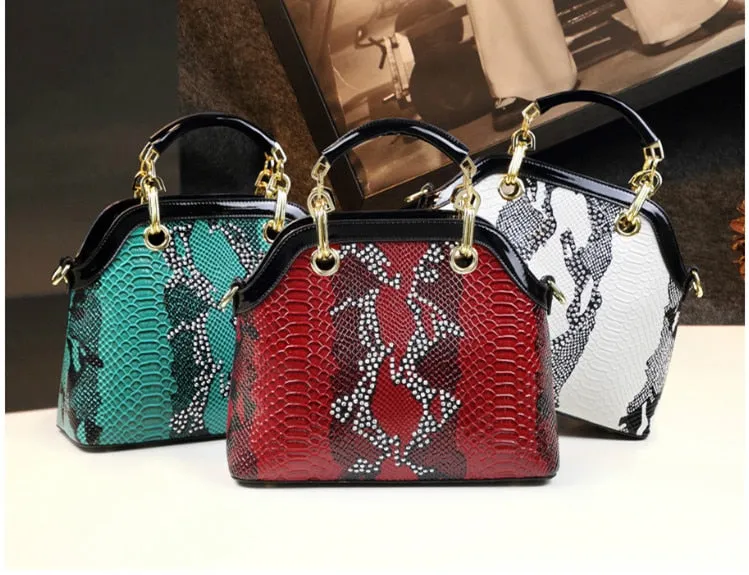 Women's Genuine Leather Diamond Serpentine Shell Pattern Handbag