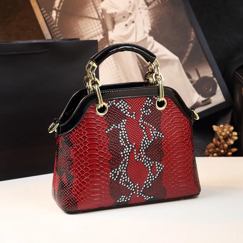 Women's Genuine Leather Diamond Serpentine Shell Pattern Handbag