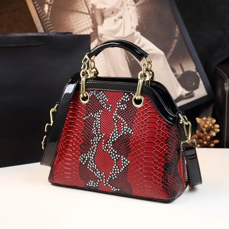 Women's Genuine Leather Diamond Serpentine Shell Pattern Handbag