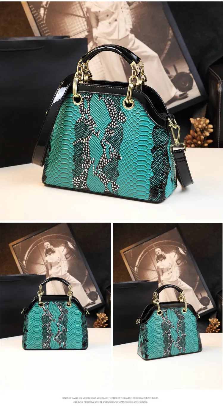 Women's Genuine Leather Diamond Serpentine Shell Pattern Handbag